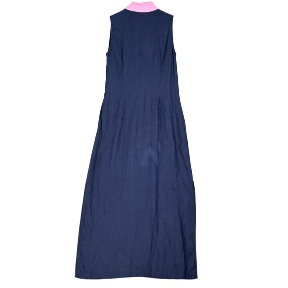 STS Sail to Sable Linen Maxi Dress M Navy Blue Pink Collar Coastal Prep - Picture 8 of 13